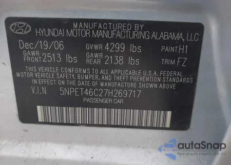 2007 Hyundai Sonata Gls z USA, uszkodzony, nr VIN 5NPET46C27H269717